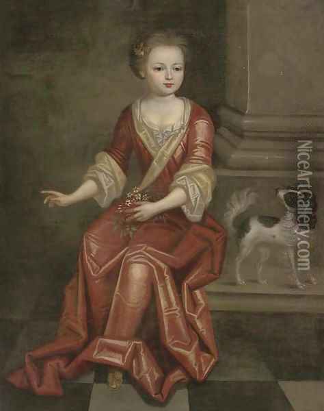 Portrait of a young girl, seated full-length, in a red dress, by a column, holding a sprig of jasmine in her left hand, a spaniel at her side Oil Painting - Mignard, Pierre II