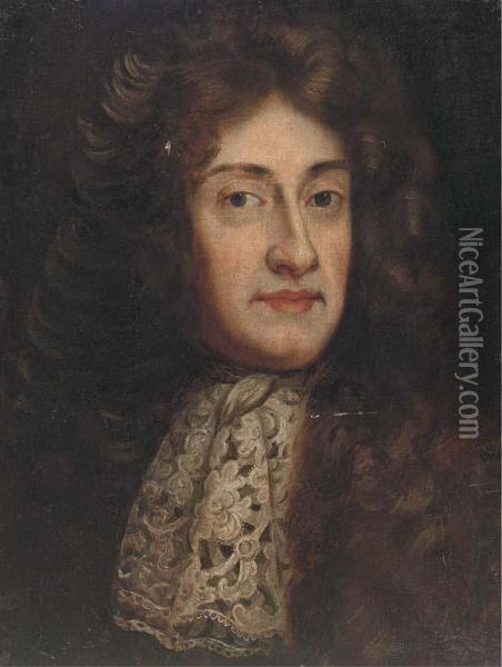 Portrait Of A Gentlman, Bust-length, In A Full Wig And Lace Tie Oil Painting - Sir Godfrey Kneller