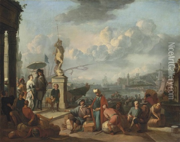 An Italianate Harbour With An Elegant Couple Promenading Near A Statue Of Neptune, And Workmen Unloading By The Docks Oil Painting - Johannes Lingelbach