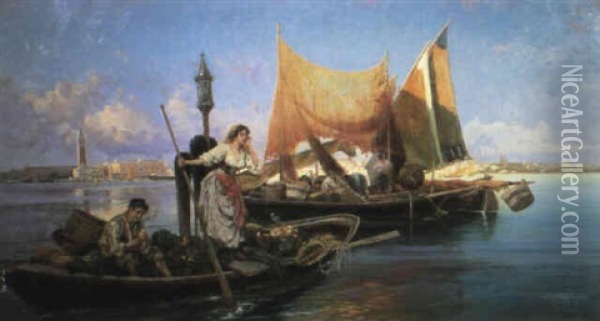 Peasants In A Boat With Produce, With A View Of San Giorgio Maggiore In The Distance Oil Painting - Pietro Barucci