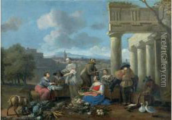 Scene De Marche Devant Des Ruines Antiques Oil Painting - Hendrick Mommers