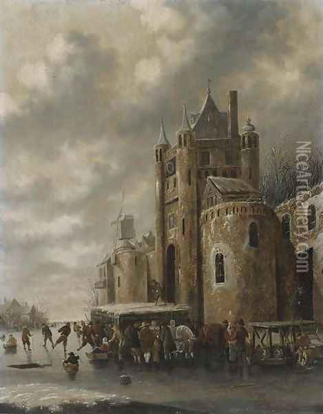 A winter landscape with townsfolk skating and sledging on a frozen river before a castle Oil Painting - Thomas Heeremans