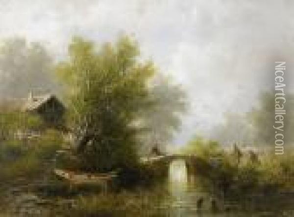 Flusspartie Mit Staffage. Oil Painting - Albert Rieger
