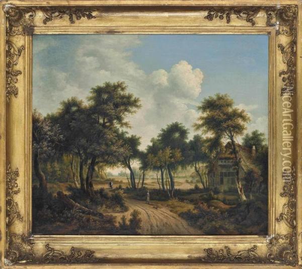 A Wooded Landscape With A Huntsman And His Dog On A Track, A Village Beyond Oil Painting - Meindert Hobbema