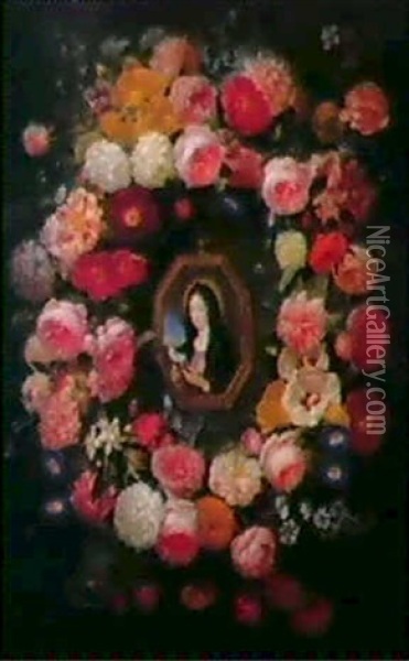 Die Madonna Im Blutenkranz Oil Painting - Jan van den Hecke the Elder