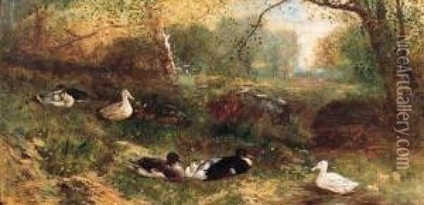 A Duck With Her Ducklings Oil Painting - James Crawford Thom