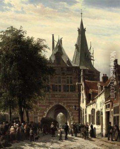 Numerous Townspeople In Front Of The Cellbroederspoort,kampen. Oil Painting - Cornelis Springer