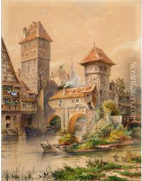 A Town On The Water Front, Possibly Nurnberg Oil Painting - Hermann, Moritz H. Wunderlich