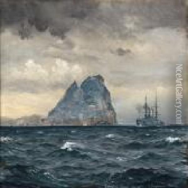 Coastal Scene From Gibraltar With A British Warship Oil Painting - Christian Benjamin Olsen