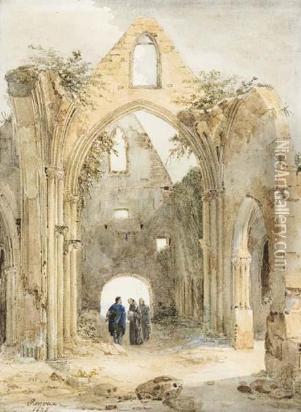 Trois Hommes Dans Une Eglise En Ruines Oil Painting - Charles Caius Renoux