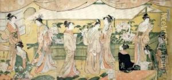 Jeunes Femmes Se Promenant Sur Une Terrasse Fleurie De Pivoines. Oil Painting - Chobunsai Eishi