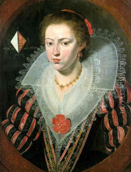Portrait Of A Young Lady Of The Joigny De Pamele Family Wearing A Black And Red Silk Dress Oil Painting - Frans Pourbus the younger