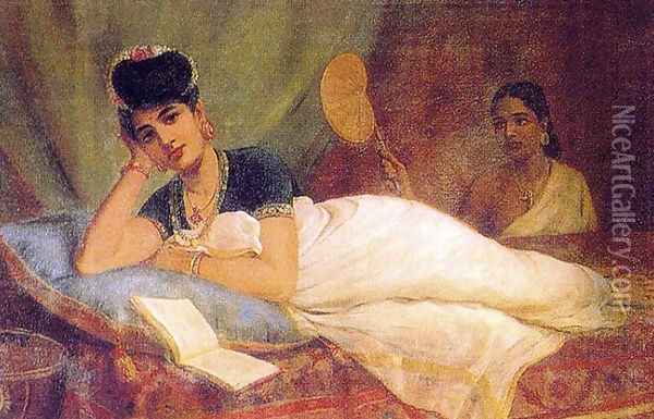 Reclining Woman Oil Painting - Raja Ravi Varma