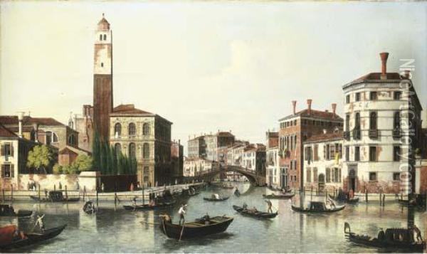 The Grand Canal, Venice, And The
 Entrance To The Cannaregio With The Church Of San Geremia Oil Painting - Michele Marieschi