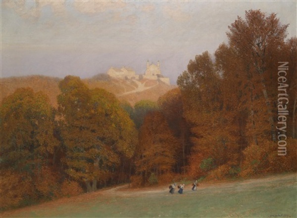 Am Kahlenberg, Blick Auf Den Leopoldsberg, Oktoberabend Oil Painting - Hans Wilt