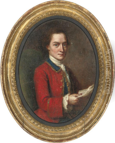 Portrait Of A Gentleman, Half-length, Seated In A Red Military Coat, A Letter In His Right Hand Oil Painting - Francis Alleyne