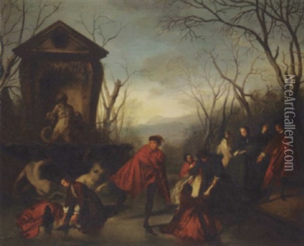 A Skating Party Oil Painting - Auguste Philippe Dallemagne geb de Cagny