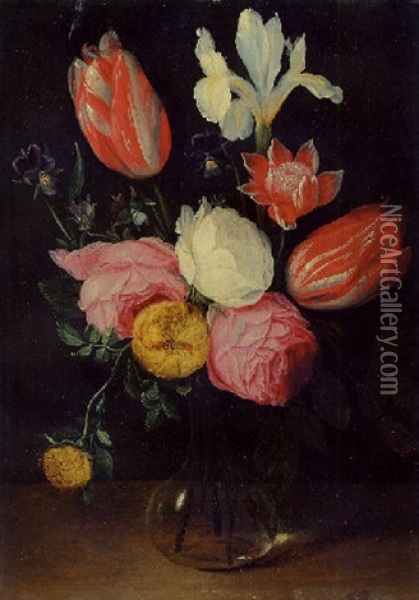 Roses, Tulips, An Iris, Pansies And An Anemone In A Glass Vase Oil Painting - Daniel Seghers