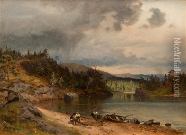 Fishermen On The Shore Oil Painting - Magnus Hjalmar Munsterhjelm