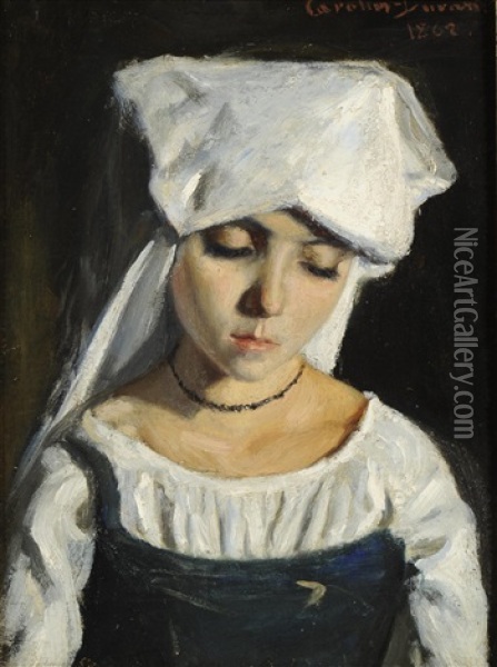 Head And Shoulders Portrait Of A Young Girl Wearing A White Cap And Blue Dress Oil Painting -  Carolus-Duran