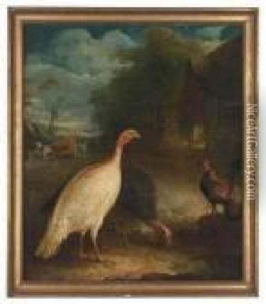 Poultry And Cattle In A Farmyard At Twilight Oil Painting - John Snr Ferneley