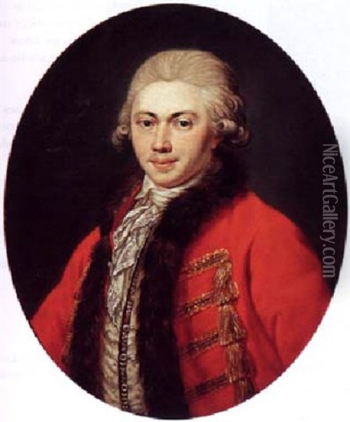 A Portrait Of Johann Wilhelm Wichelhausen Wearing A Fur-trimmed Red Overcoat With White Chemise Oil Painting - Johann Wilhelm Hoffnas