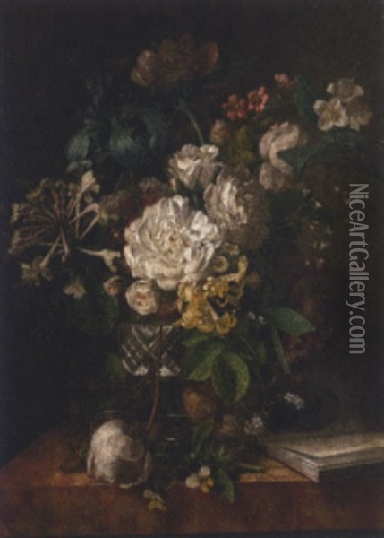 Roses, Irises, Violets And Other Flowers In A Cut-glass Vase, With A Finch On A Table Oil Painting - Justus van Huysum the Elder