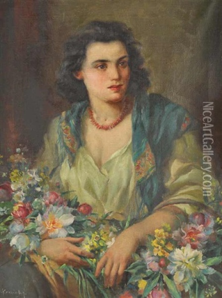 A Flower Girl Oil Painting - Marcel Krasicky