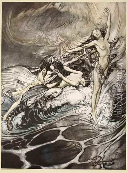 The Rhinemaidens obtain possession of the ring and bear it off in triumph, illustration from Siegfried and the Twilight of the Gods, 1924 Oil Painting - Arthur Rackham