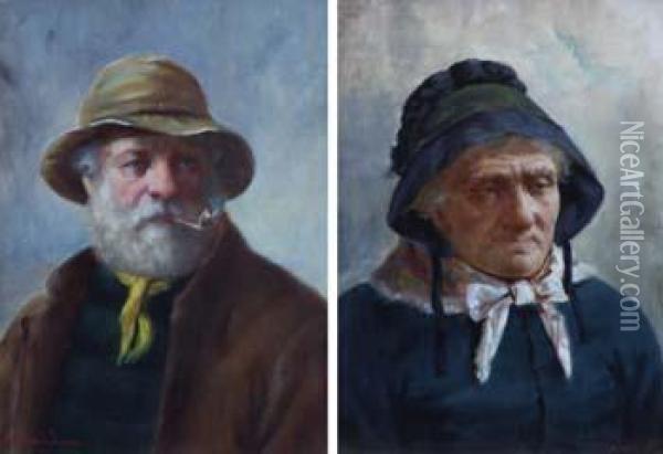 Portraits Of A Fisherman And His Wife Oil Painting - David W. Haddon