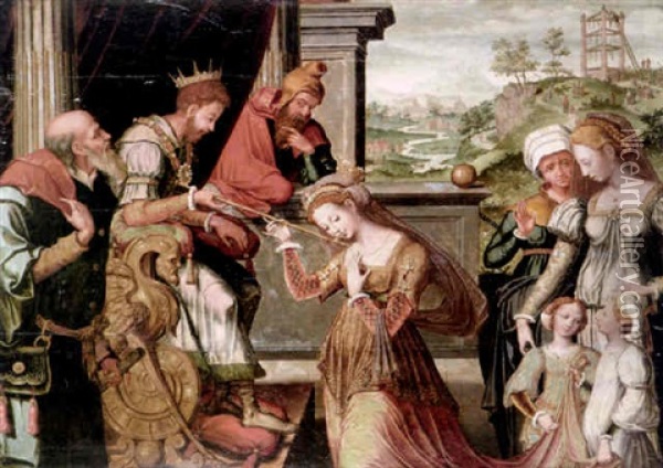 Esther Before King Ahasuerus With Haman Being Sent To The Gallows Beyond Oil Painting - Anthuenis Claeissins