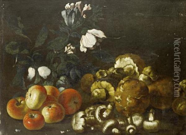 A Still Life Of Apples, Mushrooms Andflowers Oil Painting - Simone Del Tintore