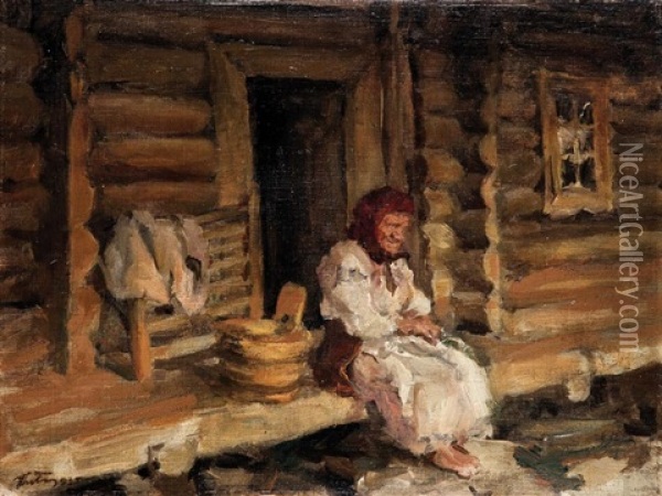 Kobieta Przed Chata Oil Painting - Marcin Kitz