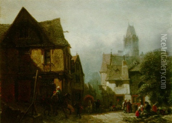 A Market Place Oil Painting - Albert Schwendy