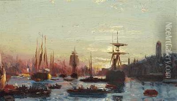 Havneparti Med Skibe I Solnedgangen (fra Krim?) Oil Painting - Lev Felixovich Lagorio