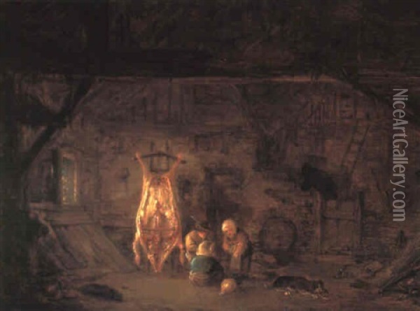Spielende Kinder Und Ein Geschlachtetes Schwein Oil Painting - Isaac Van Ostade
