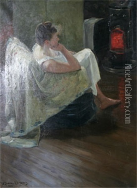 Sittande Modell Vid Kamineld Oil Painting - Ingrid Lamm-Ehrenborg