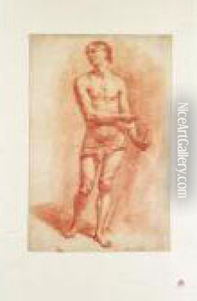 Study Of A Standing Male Nude Holding A Staff Oil Painting - Adrian Van De Velde