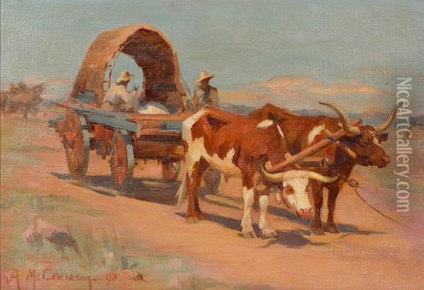 Returning From The Fields - Cattle Drawing Acovered Wagon Oil Painting - Agnes M. Cowieson