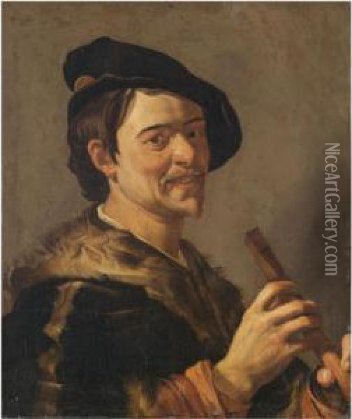 A Self Portrait Of The Artist, Half Length, Holding A Flute Oil Painting - Dirck Van Baburen