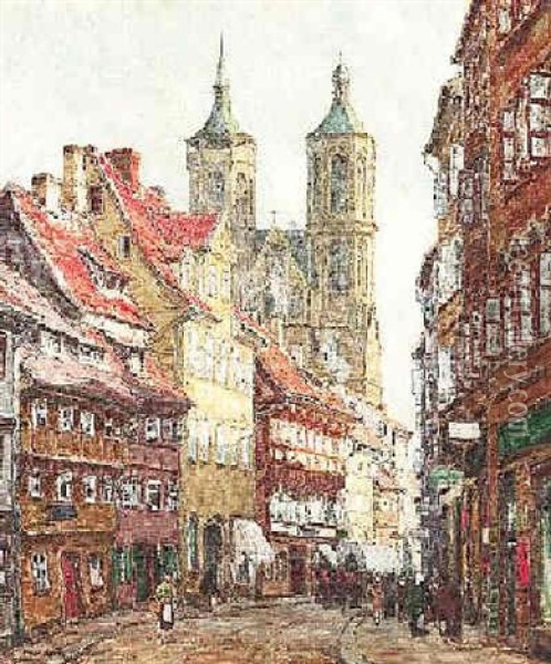 Blick Durch Die Altstadtstrasen Auf Die Turme Von St. Johannis In Gottingen Oil Painting - Fritz Geyer