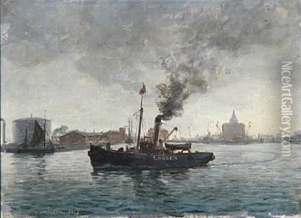 Harbour Scene With The Ship Lodsen Oil Painting - Christian Benjamin Olsen