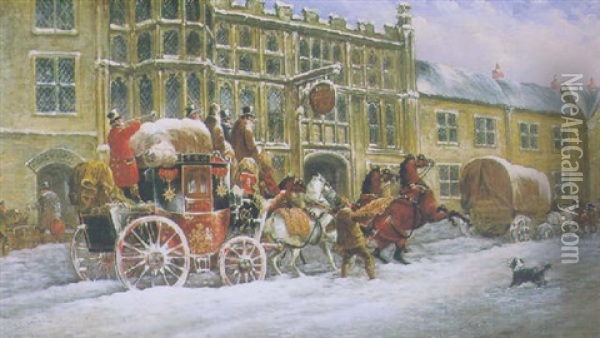 Royal Mail Coach In Winter Passing The George Inn Oil Painting - John Charles Maggs