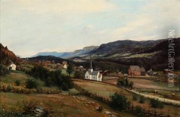 Norwegian Mountain Scape With A Village Oil Painting - Johan Herman Wedel-Anker