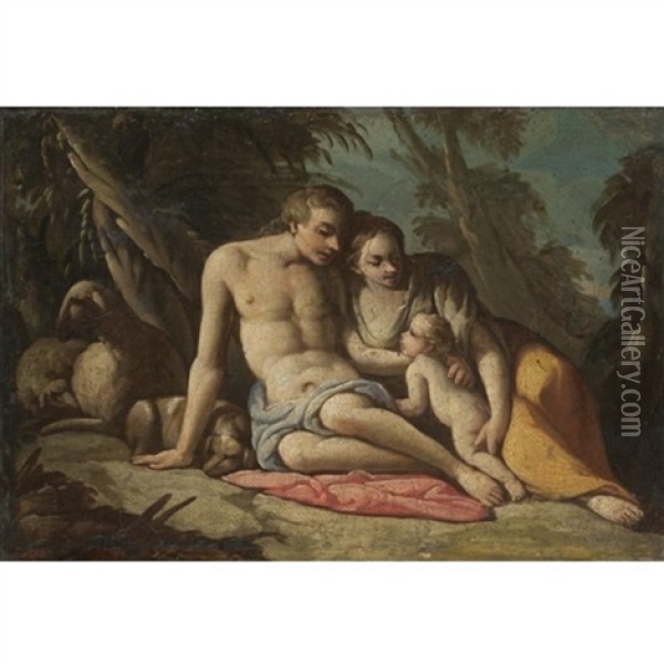 A Shepherd Family Resting In A Wooded Landscape Oil Painting - Giulio Carpioni