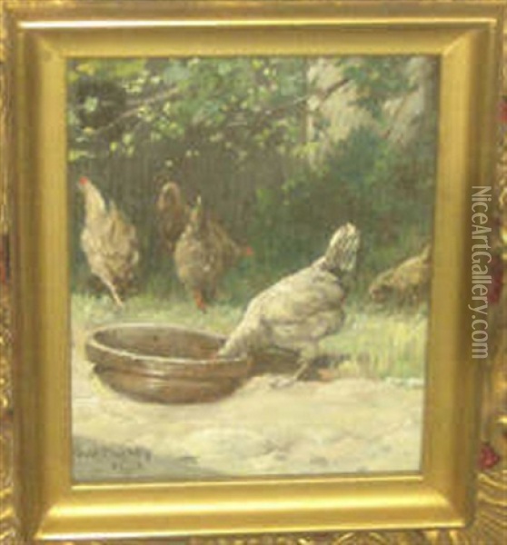 Chickens Feeding In A Landscape Oil Painting - Paul Harney Jr.