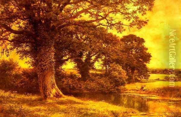 A Woodland Pool Oil Painting - Benjamin Williams Leader