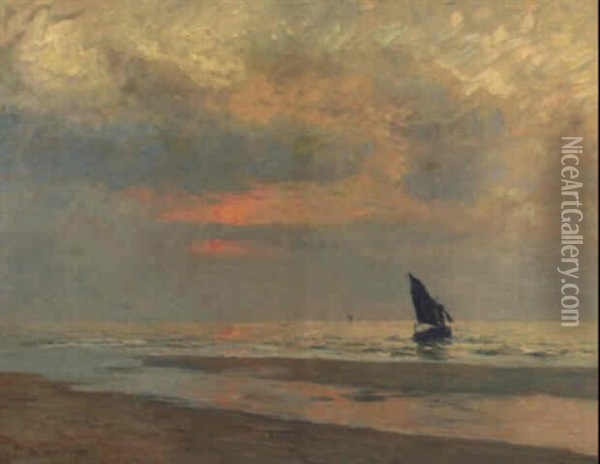 Abendstimmung Am Strand Von La Panne Oil Painting - Gustav Schoenleber