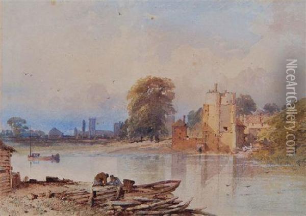 River Landscape With Tower And Figures On A Jetty Oil Painting - Thomas Miles Richardson