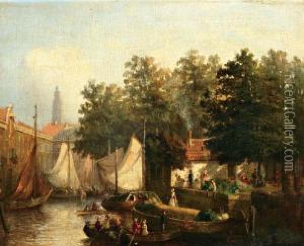 Zonnige Dag In Hollands Havenstadje Oil Painting - Joseph Bles